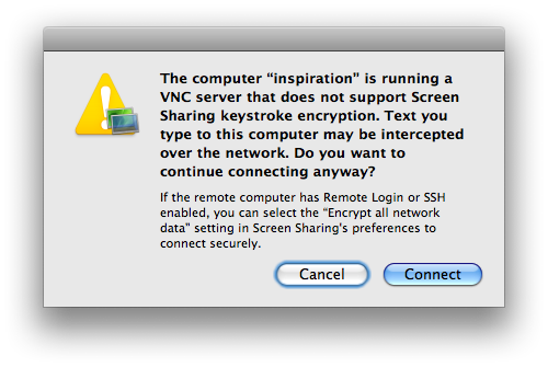 Warning when connecting to a Linux VNC server from Finder